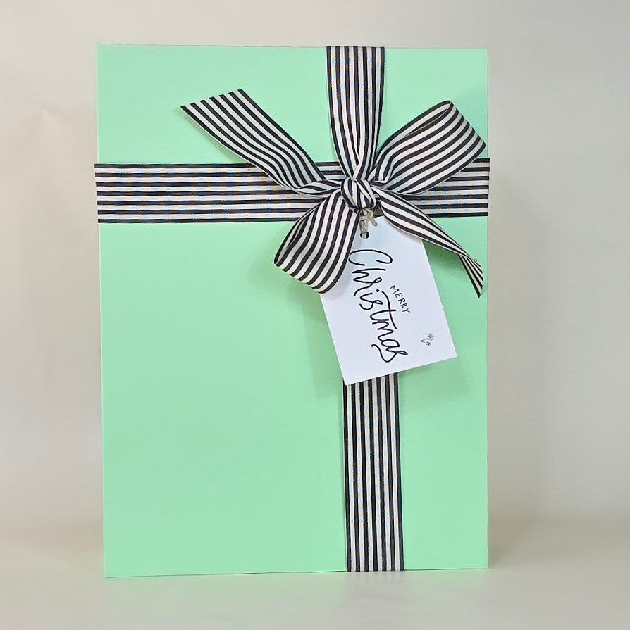 Mint green gift box with a black and white striped ribbon and a 'Merry Christmas' tag on a light gray background.