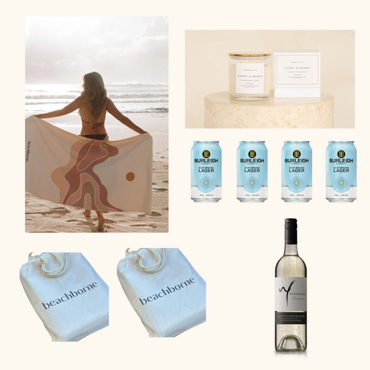 Collage of a woman on a beach, beer cans, and a bottle of wine with 'beachborne' branding.