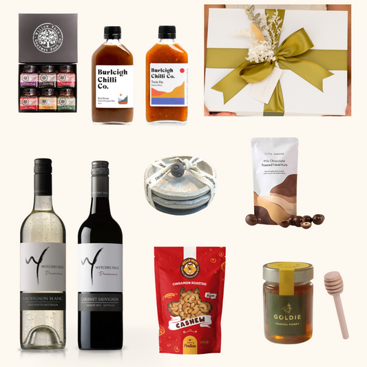 Collage of various products including wine, honey, and a gift box on a white background