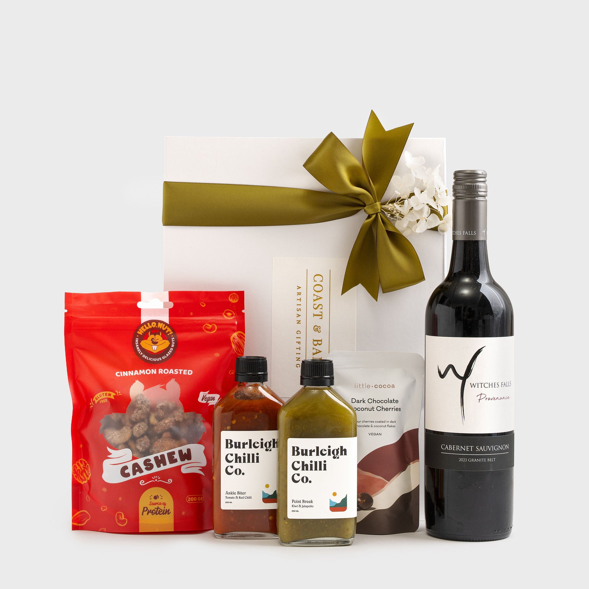 Gold Coast wine and gourmet gift hamper with Witches Falls Cabernet Sauvignon and local treats