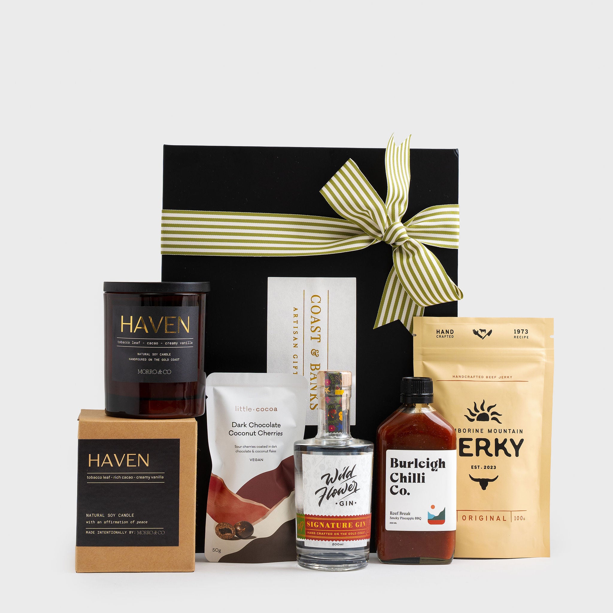 Gold Coast gin gift hamper with Wildflower gin candle and gourmet treats