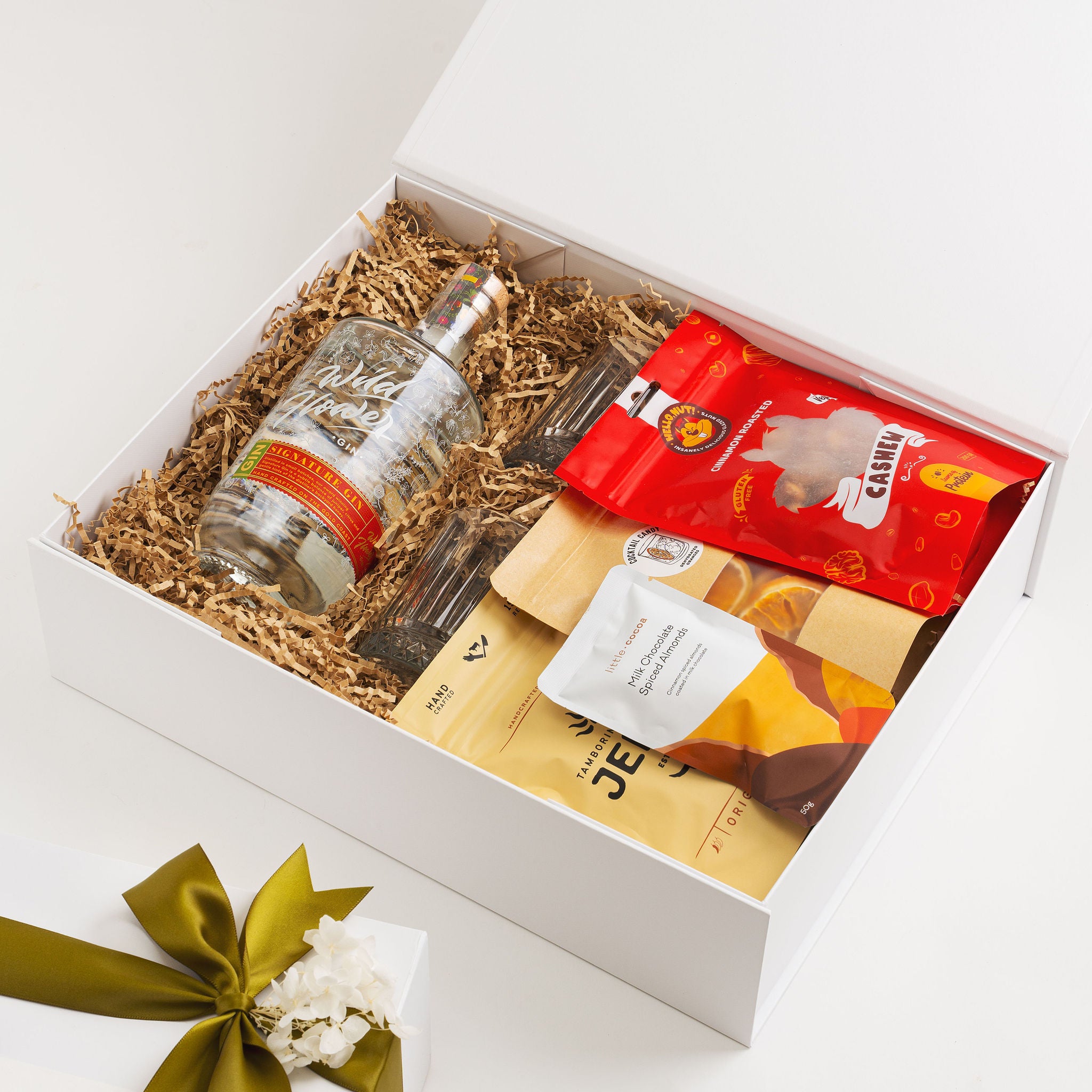 Luxury Gold Coast gin gift box featuring Wildflower gin and local gourmet treats