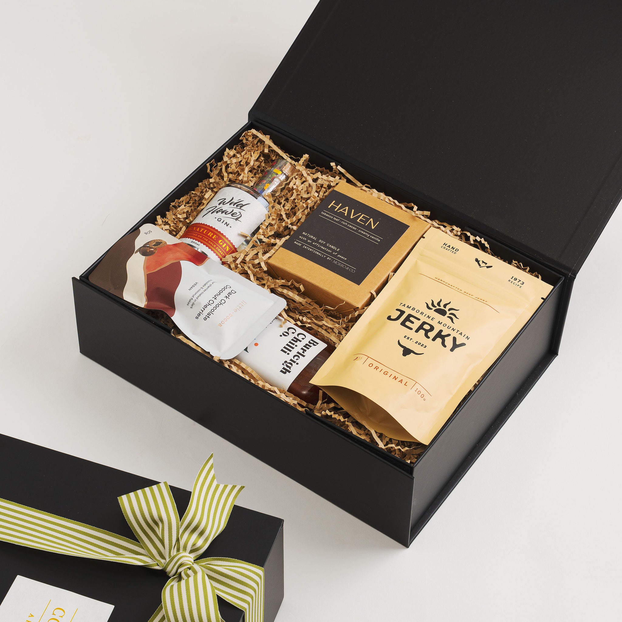 Luxury Gold Coast gin gift hamper with Morro and Co candle and local snacks