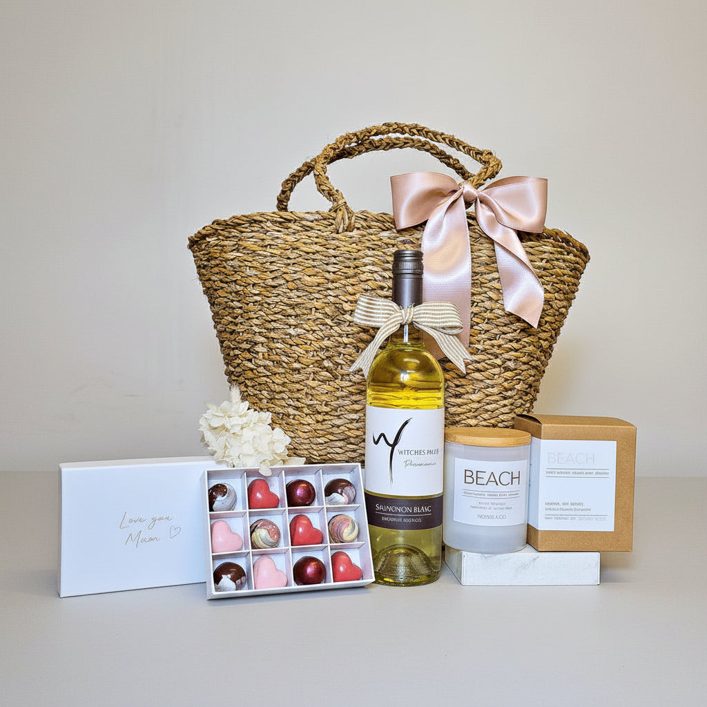 Gift basket with wine, chocolates, and other items on a wooden surface.