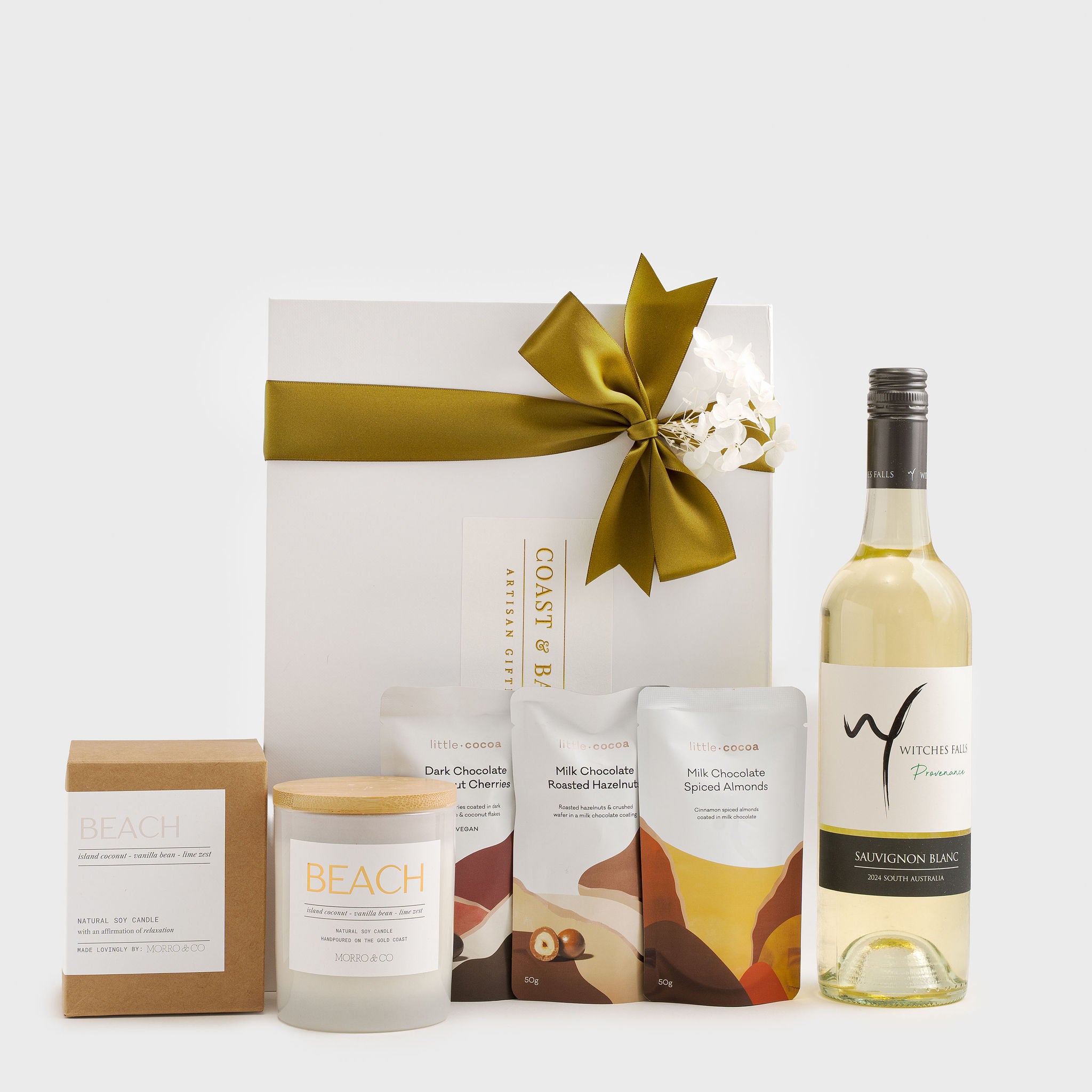 Gold Coast wine and chocolate gift hamper with candle and gourmet treats