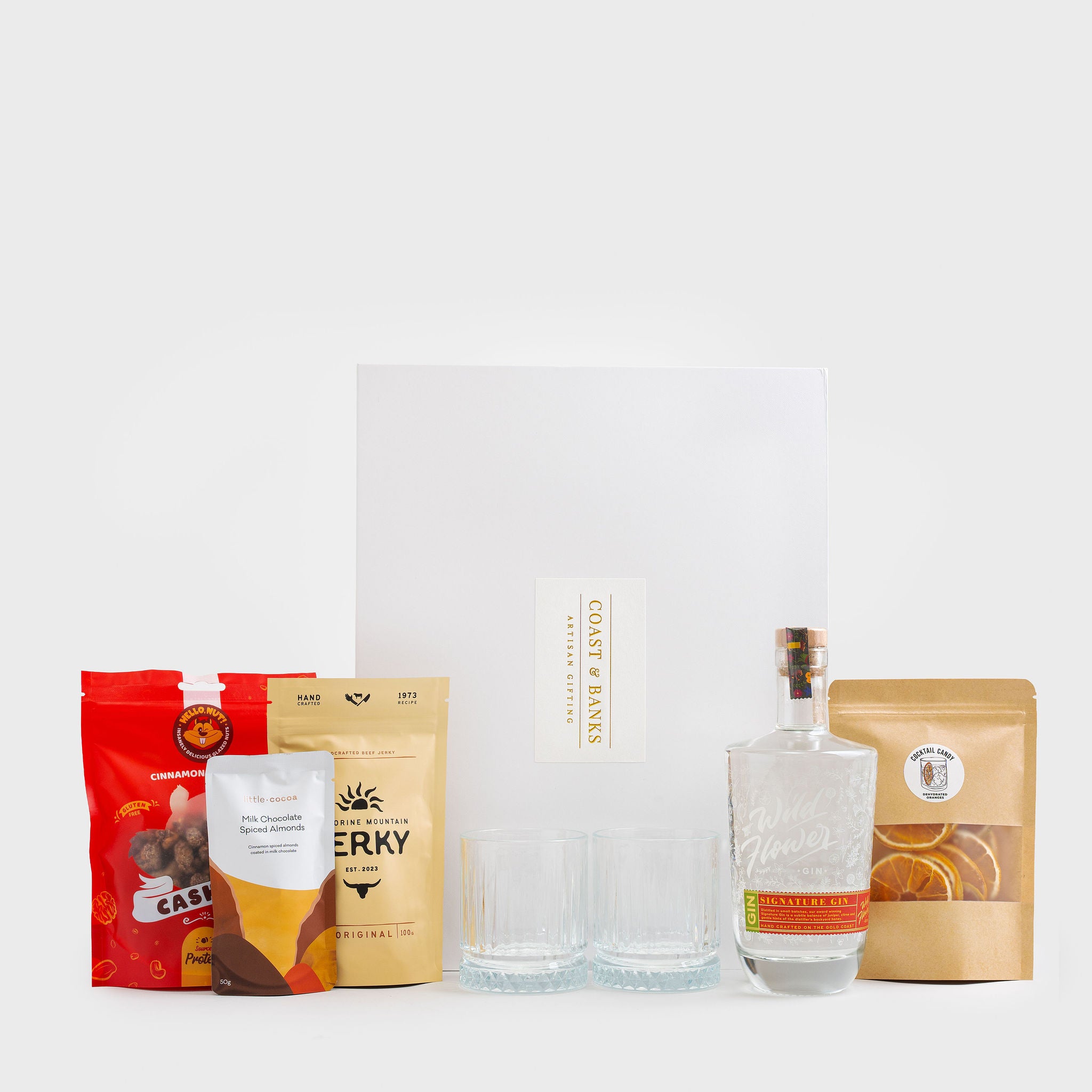 Gold Coast gin gift hamper with Wildflower Signature Gin, glasses and gourmet snacks